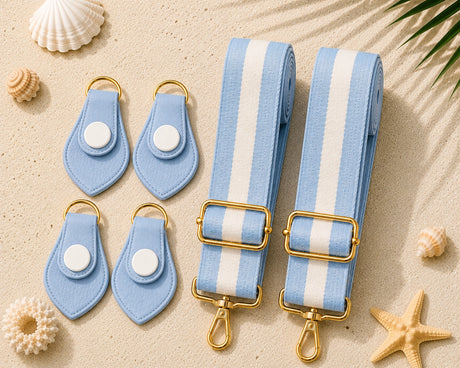 Coastal Sky Color Match Light Blue Strap & Matching Connector Set product photo showing the color-matched connector clips and adjustable strap webbing laid flat on a sand background with seashells