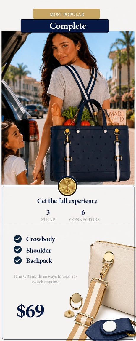 Strapistry Complete Carry Kit product graphic labeled 'Most Popular' showing a woman carrying a navy tote as a backpack while grocery shopping, with 3 straps and 6 connectors included, priced at $69