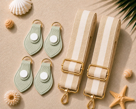 Light Green Color Match Sand Drift Strap & Matching Connector Set product photo showing the color-matched connector clips and adjustable strap webbing laid flat on a sand background with seashells