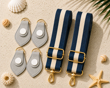 Light Grey Color Match Ocean Breeze Strap & Matching Connector Set product photo showing the color-matched connector clips and adjustable strap webbing laid flat on a sand background with seashells