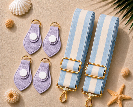 Lavender Color Match Light Blue Strap & Matching Connector Set product photo showing the color-matched connector clips and adjustable strap webbing laid flat on a sand background with seashells
