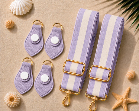 Lavender Color Match Lavender Strap & Matching Connector Set product photo showing the color-matched connector clips and adjustable strap webbing laid flat on a sand background with seashells
