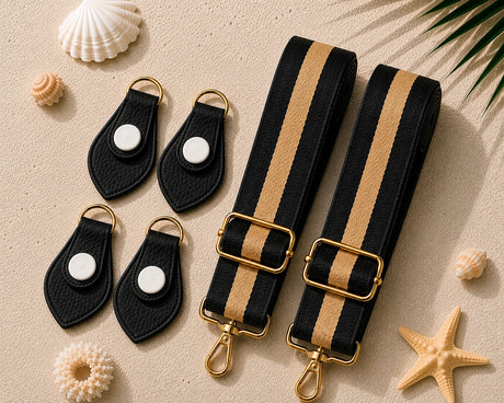 Midnight Luxe Color Match Strap & Matching Connector Set product photo showing the color-matched connector clips and adjustable strap webbing laid flat on a sand background with seashells