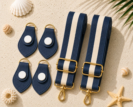 Ocean Breeze Color Match Navy Blue Strap & Matching Connector Set product photo showing the color-matched connector clips and adjustable strap webbing laid flat on a sand background with seashells