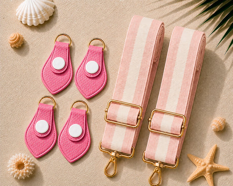 Rose Color Match Rose Harbor Strap & Matching Connector Set product photo showing the color-matched connector clips and adjustable strap webbing laid flat on a sand background with seashells