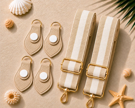 Sand Drift Color Match Strap & Matching Connector Set product photo showing the color-matched connector clips and adjustable strap webbing laid flat on a sand background with seashells