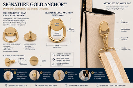 Signature Gold Connectors — solid brass, light gold dip finish, by Strapistry
