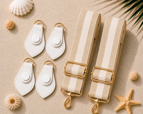White Color Match Sand Drift Strap & Matching Connector Set product photo showing the color-matched connector clips and adjustable strap webbing laid flat on a sand background with seashells