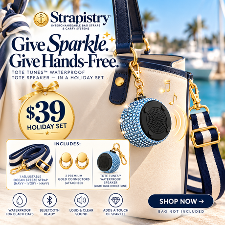 Strapistry Holiday Gift Set A $39 — Ocean Breeze strap, gold connectors, ToteTunes speaker